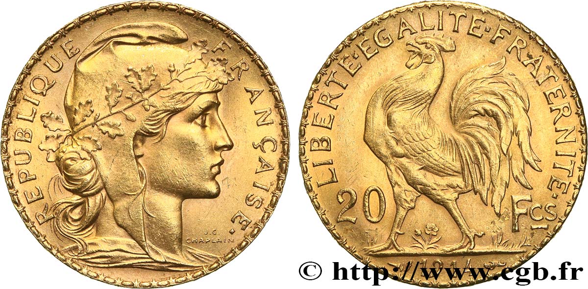 20 francs or Coq, Liberté Égalité Fraternité 1914 Paris F.535/8 SUP+ 