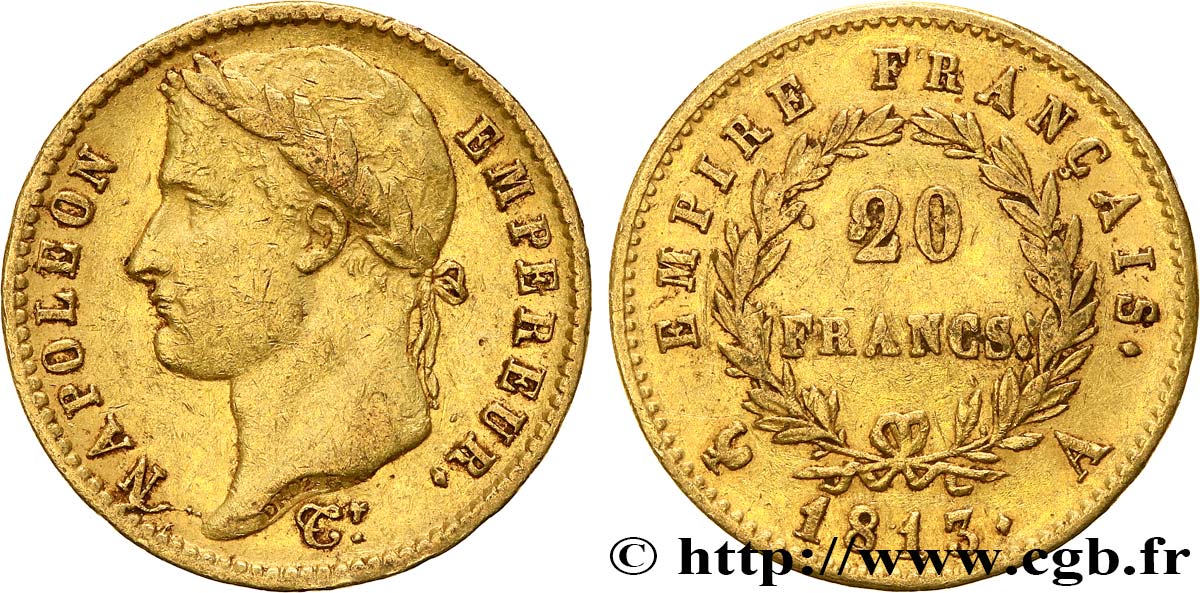 20 francs or Napoléon tête laurée, Empire français 1813 Paris F.516/30 MBC 