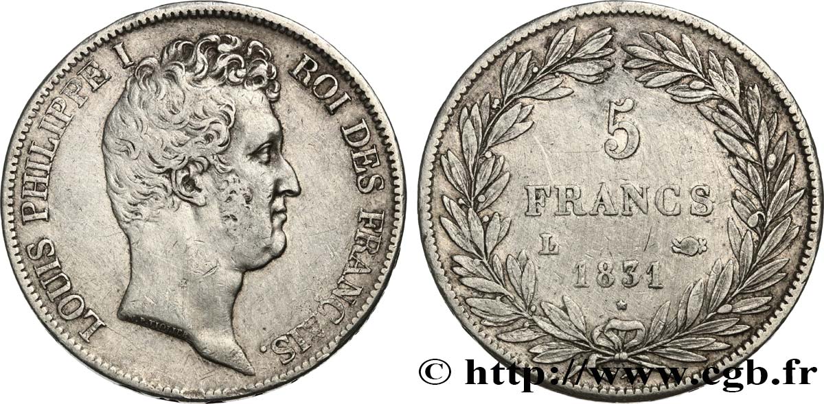 5 francs type Tiolier avec le I, tranche en creux 1831 Bayonne F.315/21 BB 