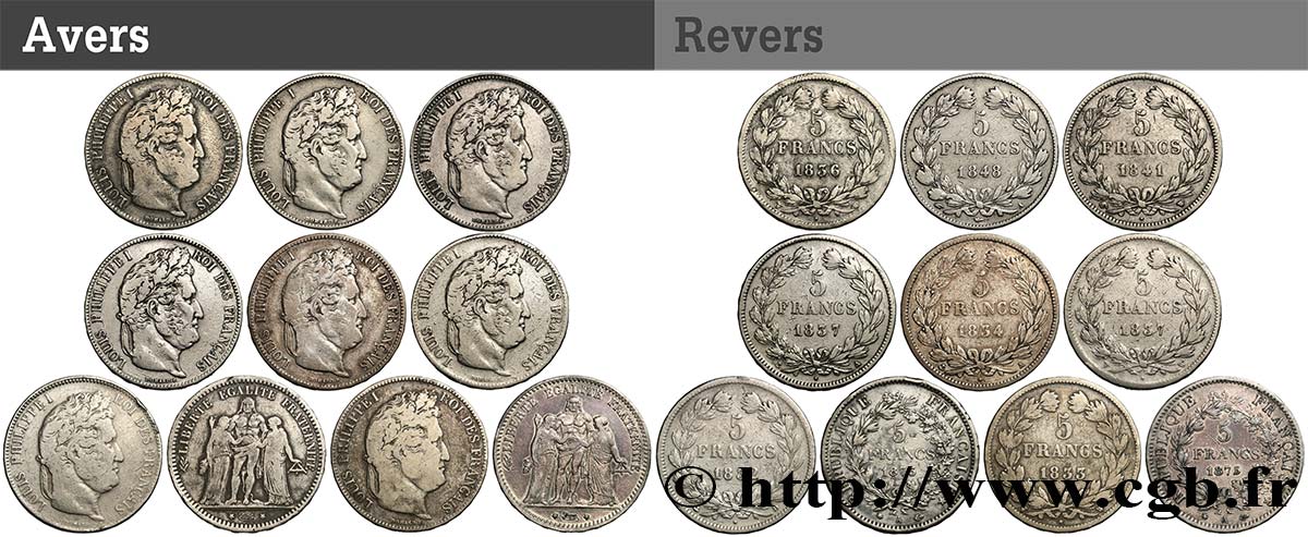 Lot de dix écus de 5 francs n.d.  F.-/ VG/VF 