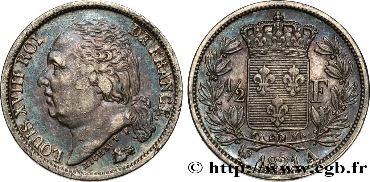 1/2 franc Louis XVIII 1821 Paris F.179/28 MBC 