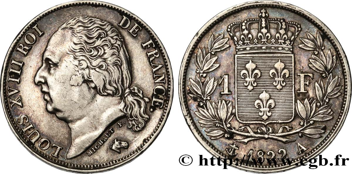 1 franc Louis XVIII 1822 Paris F.206/40 XF 