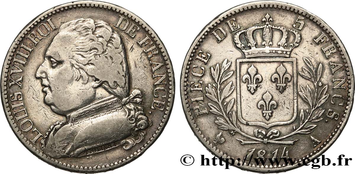 5 francs Louis XVIII, buste habillé 1814 Paris F.308/1 TB+ 