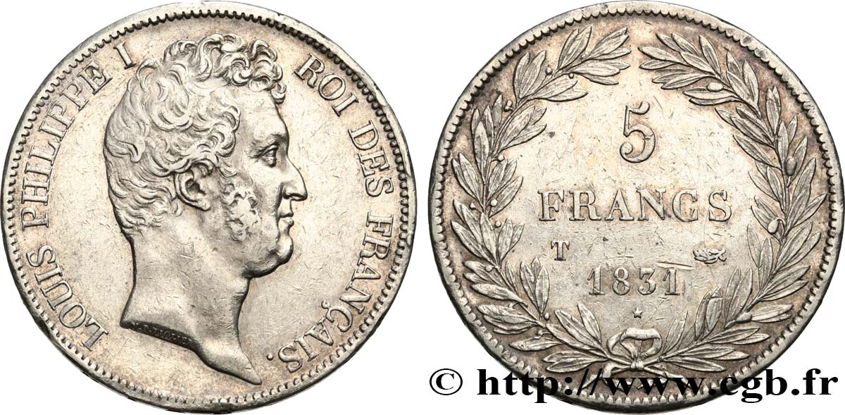 5 francs type Tiolier avec le I, tranche en creux 1831 Nantes F.315/26 TTB 