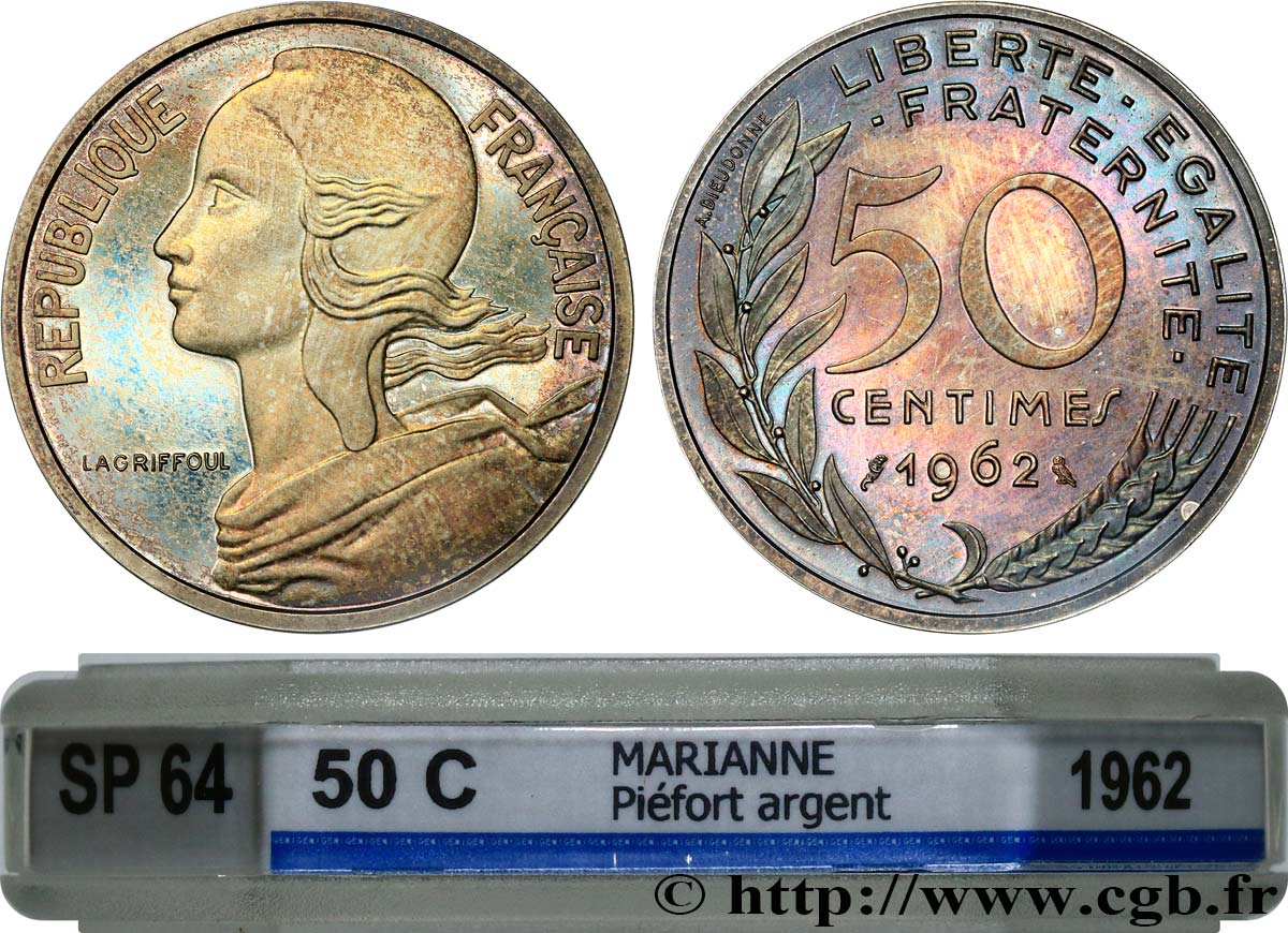 Piéfort Argent de 50 centimes Marianne, col à 4 plis 1962 Paris GEM.89 P2 SPL64 GENI