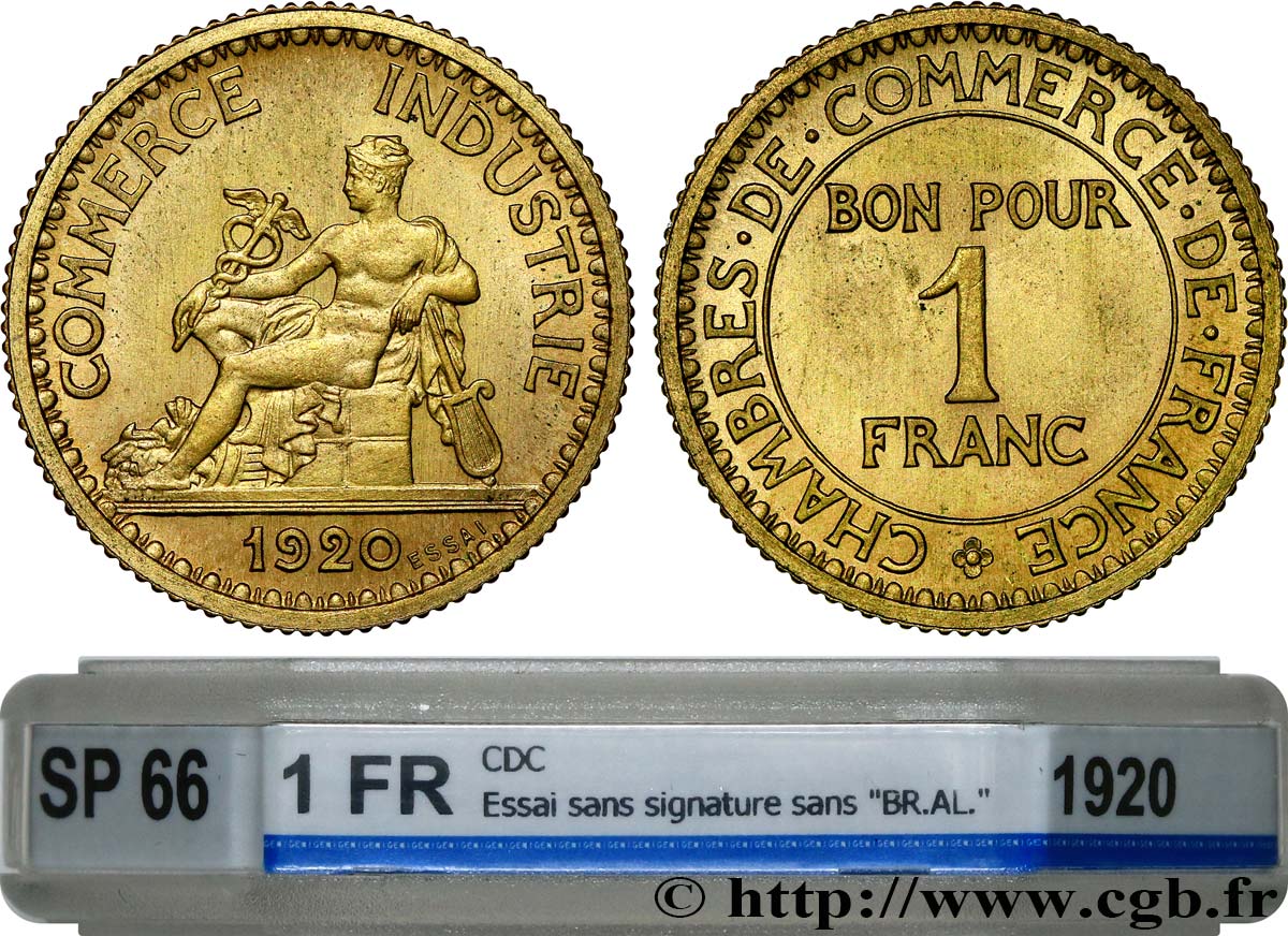 Essai de 1 franc Chambres de Commerce bronze-aluminium, sans signature 1920 Paris GEM.95 4 FDC66 GENI