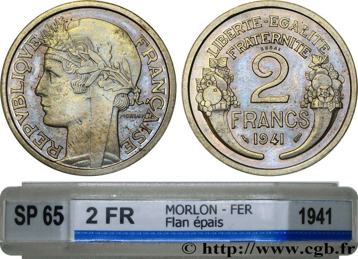Essai en fer de 2 francs Morlon, flan épais 1941 Paris GEM.114 4 FDC65 GENI