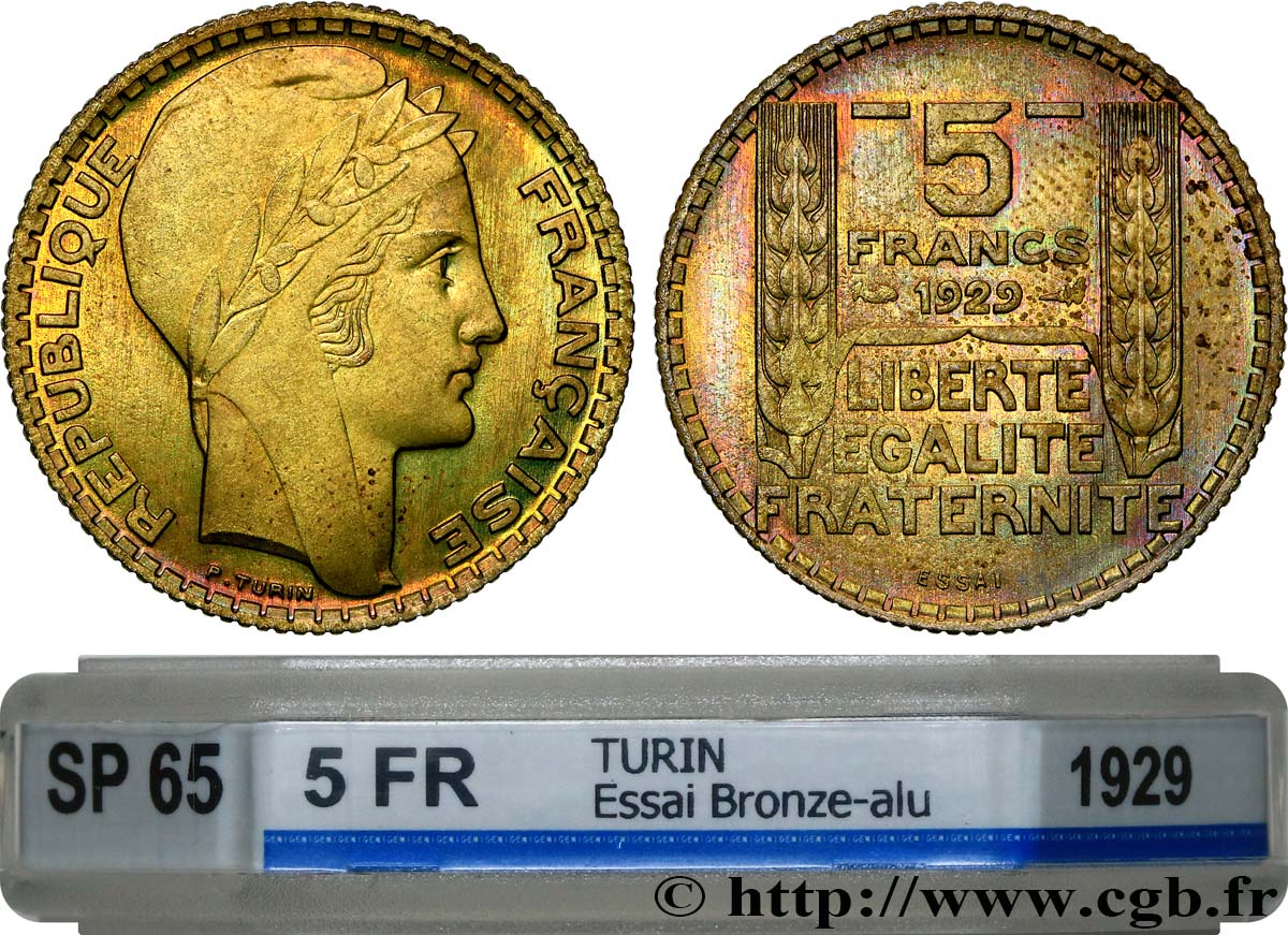 Concours de 5 francs, essai de Turin en bronze-aluminium 1929 Paris GEM.140 4 MS65 GENI
