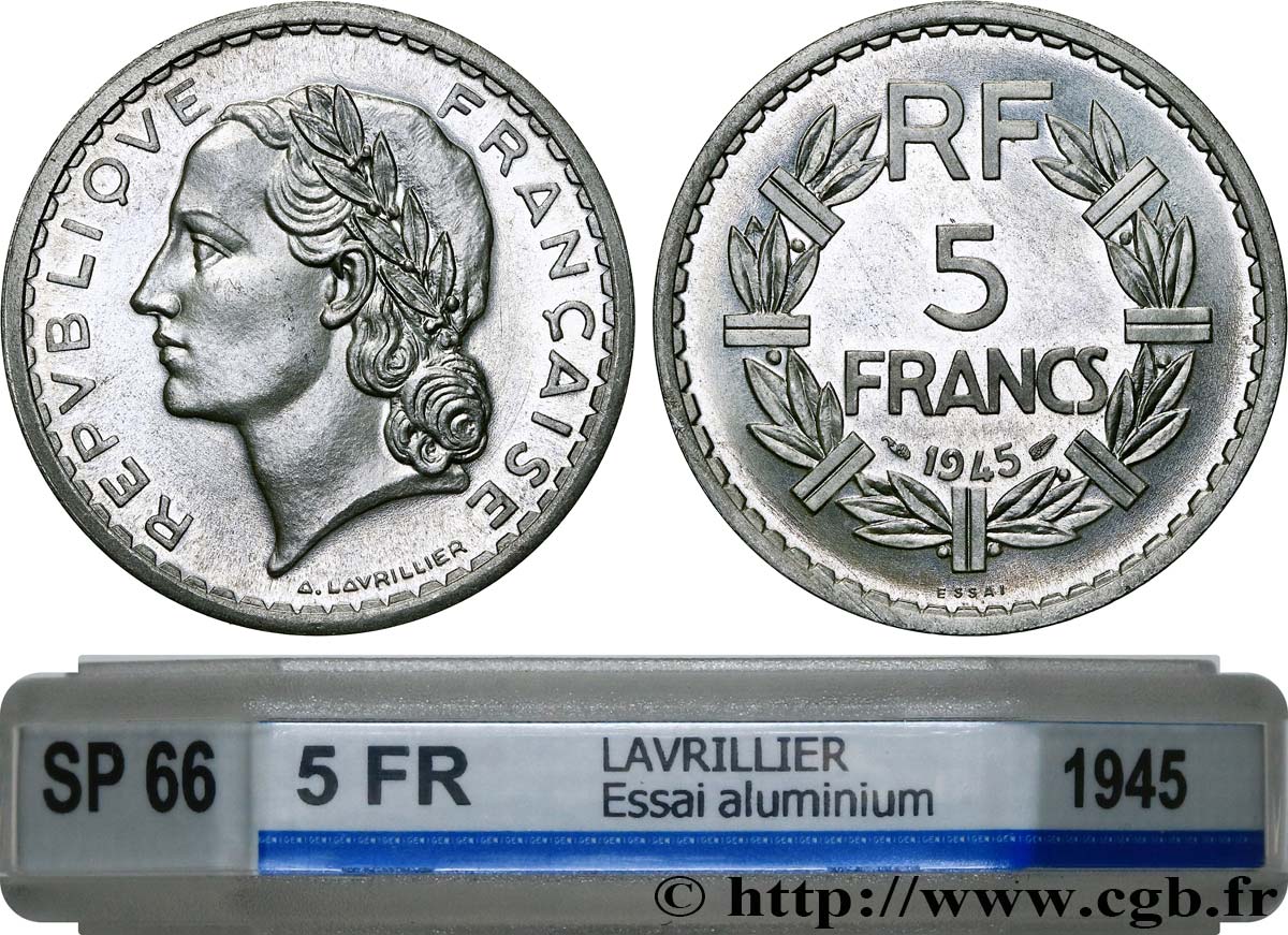Essai de 5 francs Lavrillier, en aluminium 1945 Paris F.339/1 MS66 GENI