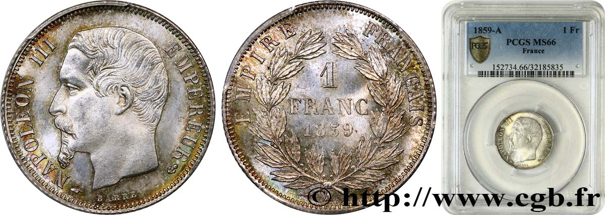1 franc Napoléon III, tête nue 1859 Paris F.214/12 ST66 PCGS