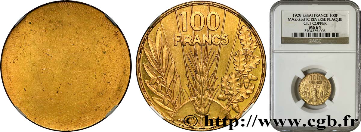 Concours de 100 francs or, épreuve uniface de revers de Bazor en Bronze doré 1929 Paris GEM.288 2 SC64 NGC