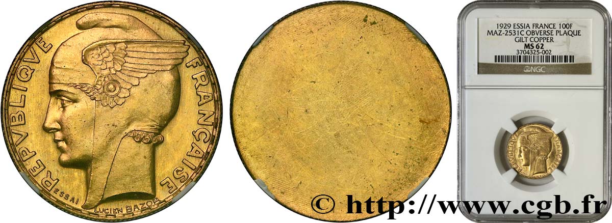 Concours de 100 francs or, épreuve uniface d’avers de Bazor en Bronze doré 1929 Paris GEM.288 1 SUP62 NGC