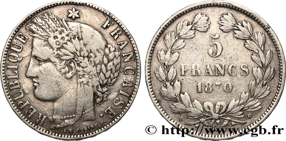 5 francs Cérès, sans légende 1870 Bordeaux F.332/7 S 