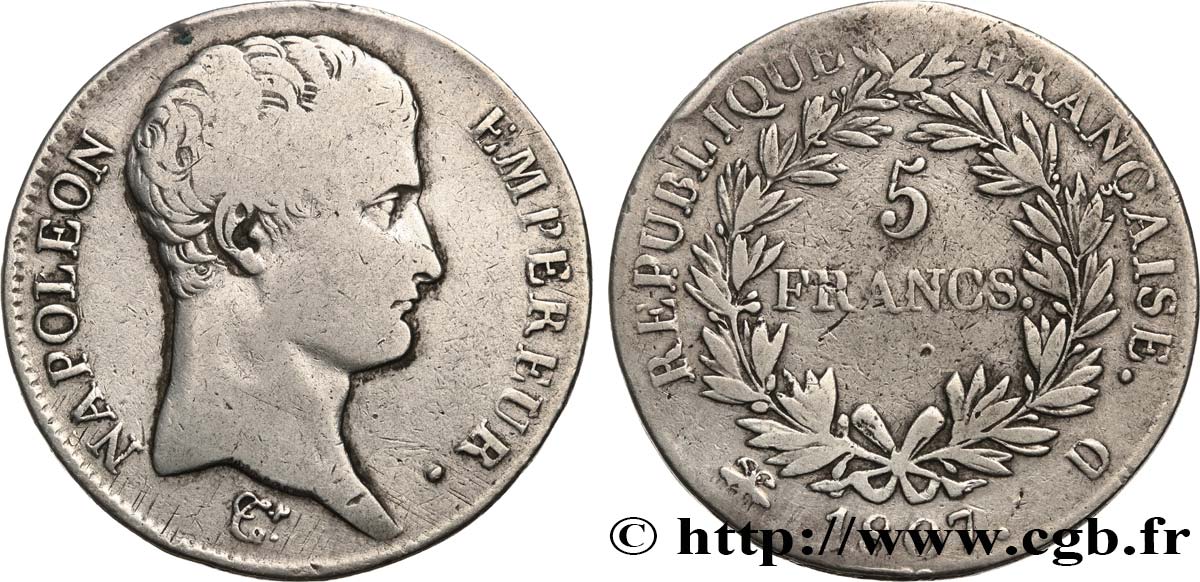 5 francs Napoléon Empereur, Calendrier grégorien 1807 Lyon F.304/14 BC15 