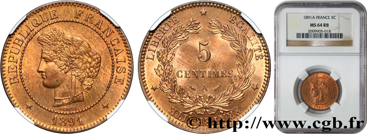 5 centimes Cérès 1891 Paris F.118/33 SPL64 NGC