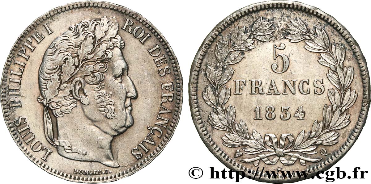 5 francs IIe type Domard 1834 Perpignan F.324/39 MBC+ 