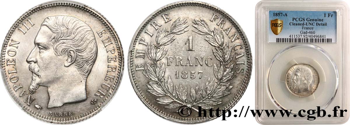 1 franc Napoléon III, tête nue 1857 Paris F.214/10 SPL+ PCGS
