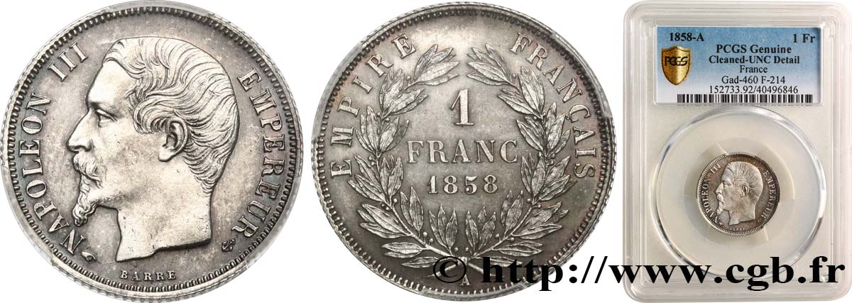 1 franc Napoléon III, tête nue 1858 Paris F.214/11 SUP+ PCGS