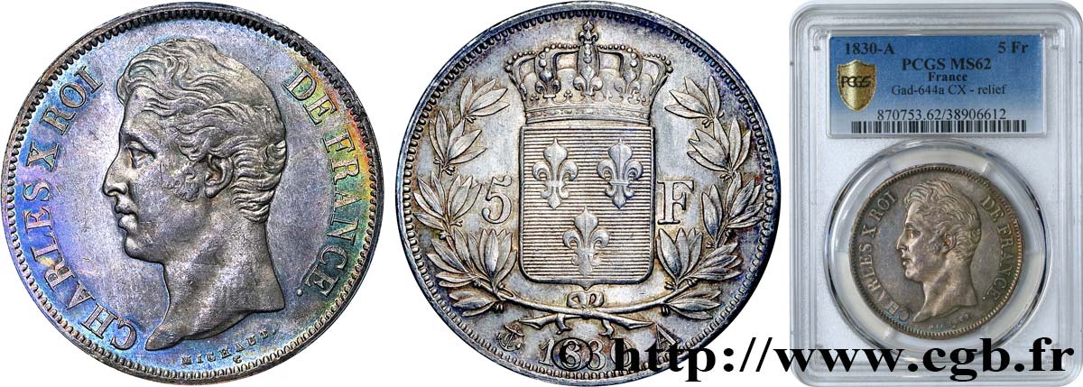 5 francs Charles X 2e type, tranche en relief 1830 Paris F.312/1 EBC62 PCGS