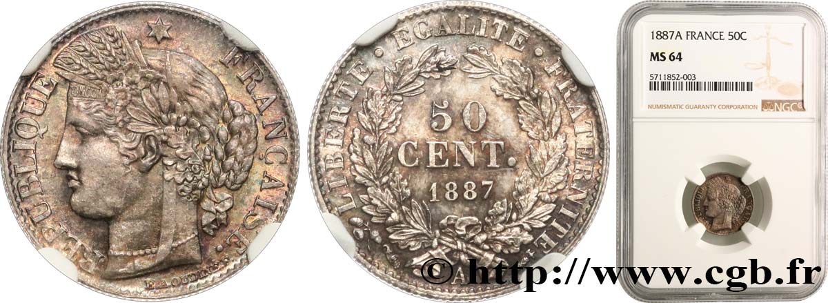 50 centimes Cérès, Troisième République 1887 Paris F.189/12 SPL64 NGC
