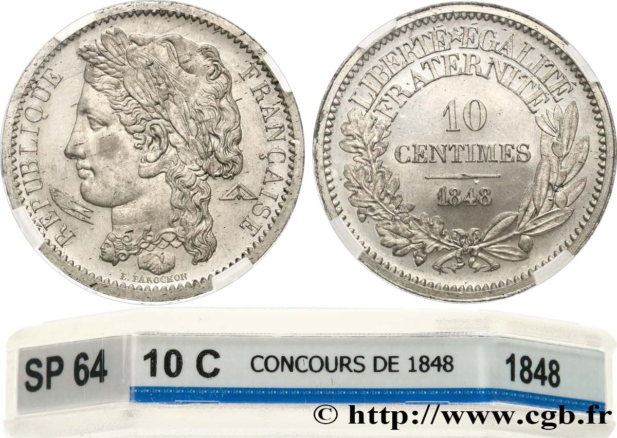 Concours de 10 centimes, essai en étain par Farochon, deuxième revers 1848 Paris VG.3139 var. MS64 GENI