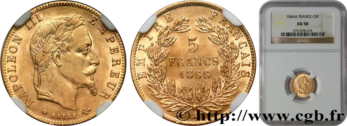 5 francs or Napoléon III, tête laurée 1866 Paris F.502/9 AU58 NGC