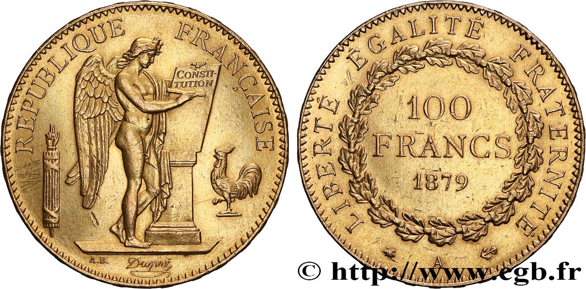 100 francs or Génie, tranche inscrite en relief Dieu protège la France 1879 Paris F.552/3 q.SPL 