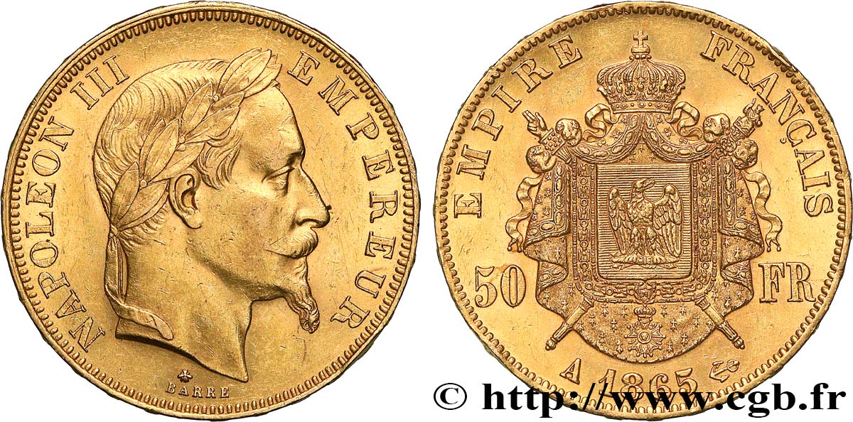50 francs or Napoléon III, tête laurée 1865 Paris F.548/5 MBC+ 