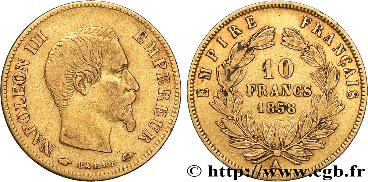 10 francs or Napoléon III, tête nue, grand module 1858 Paris F.506/5 BC+ 