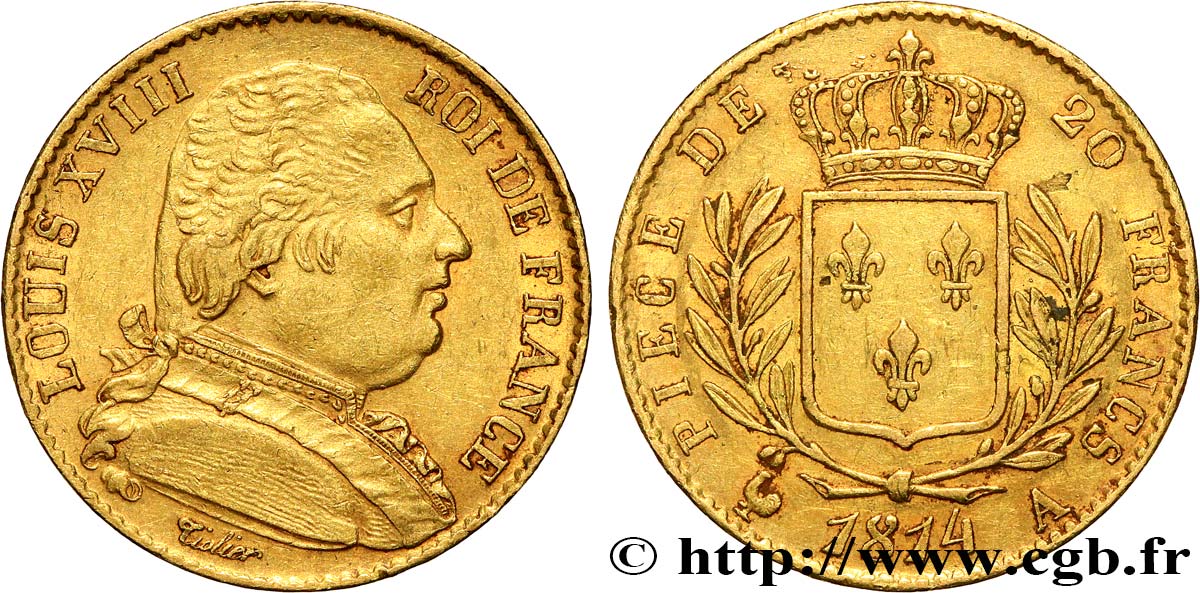 20 francs or Louis XVIII, buste habillé 1814 Paris F.517/1 SS 