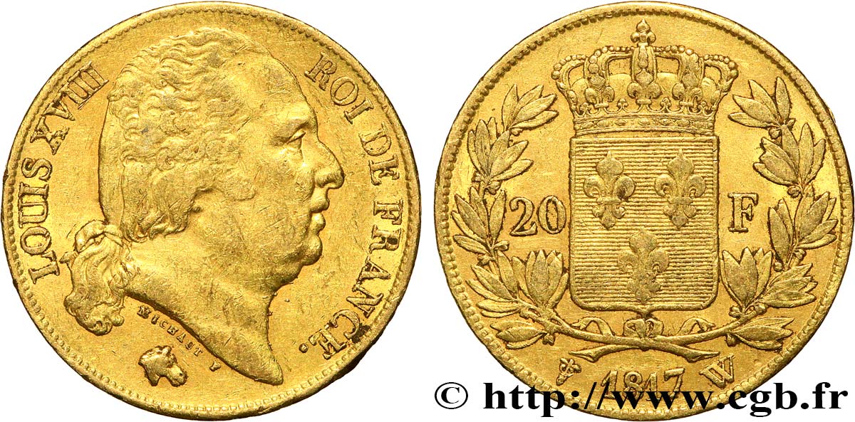20 francs or Louis XVIII, tête nue 1817 Lille F.519/9 BB 