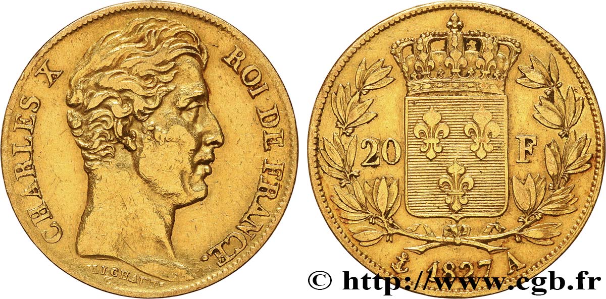 20 francs or Charles X 1827 Paris F.520/6 XF 
