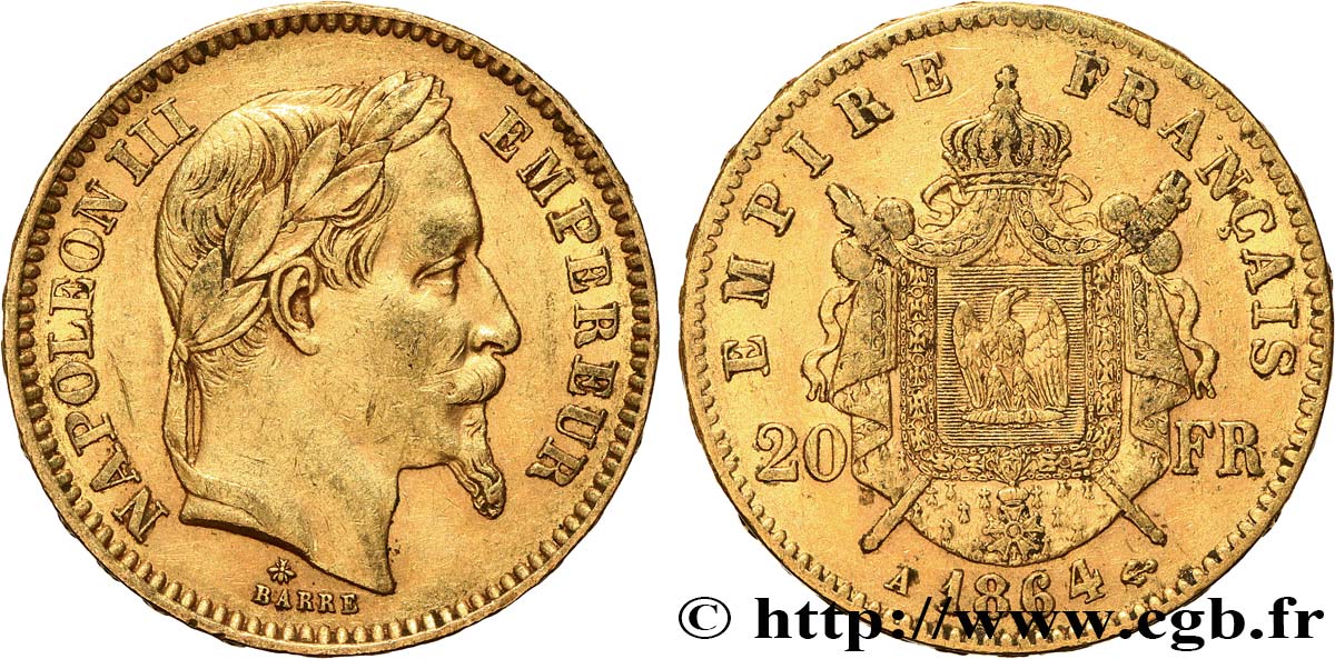 20 francs or Napoléon III, tête laurée 1864 Paris F.532/8 TTB 