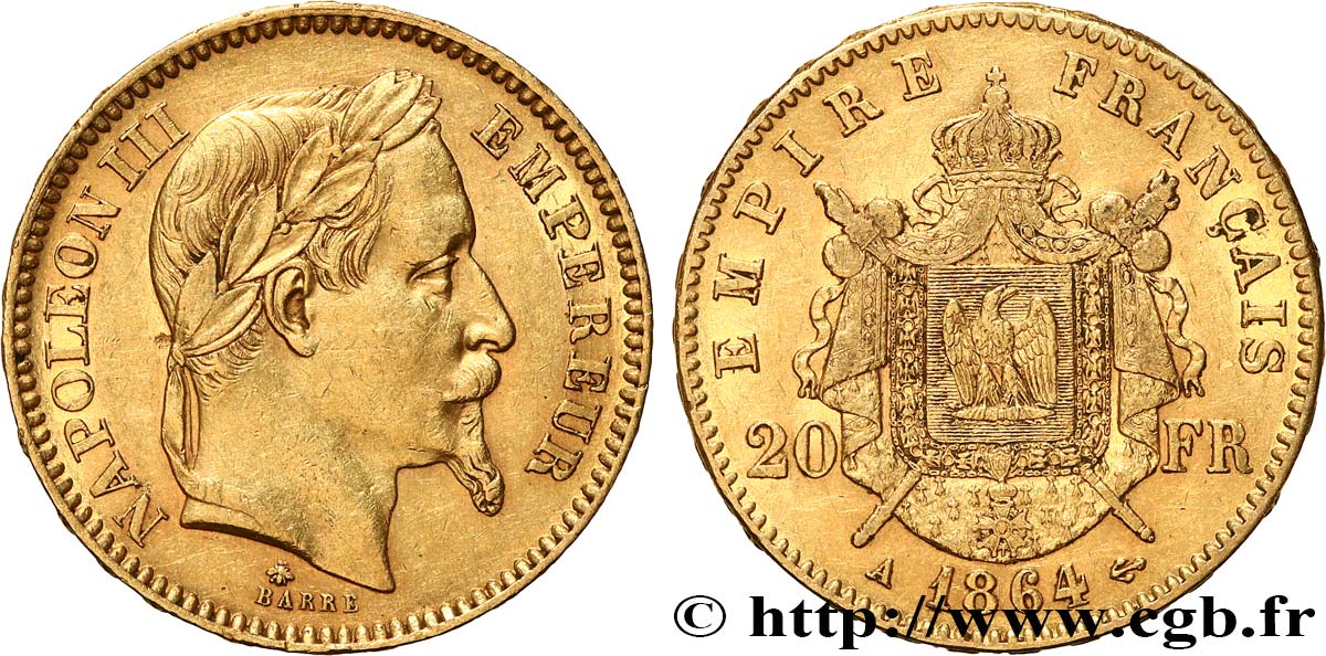20 francs or Napoléon III, tête laurée 1864 Paris F.532/8 TTB 