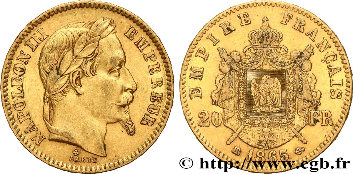 20 francs or Napoléon III, tête laurée 1865 Strasbourg F.532/12 MBC 