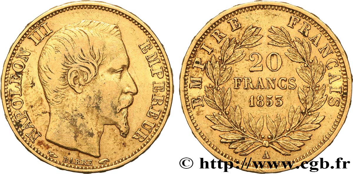 20 francs or Napoléon III, tête nue 1853 Paris F.531/1 BC+ 