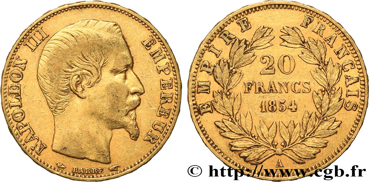20 francs or Napoléon III, tête nue 1854 Paris F.531/2 TB+ 