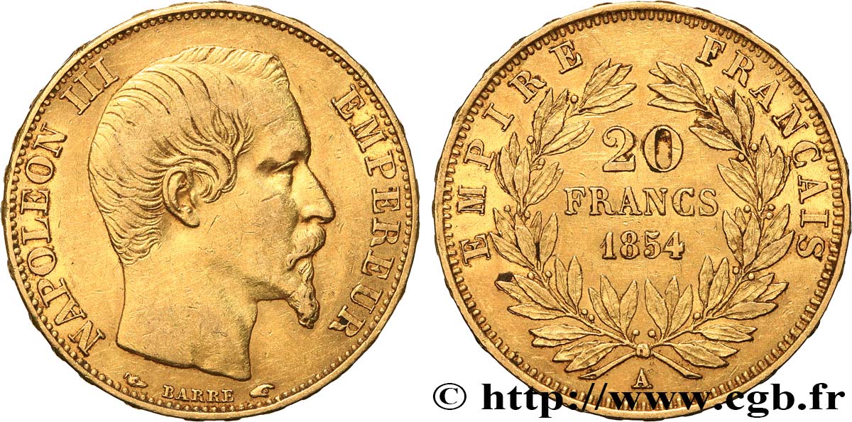 20 francs or Napoléon III, tête nue 1854 Paris F.531/2 TTB 