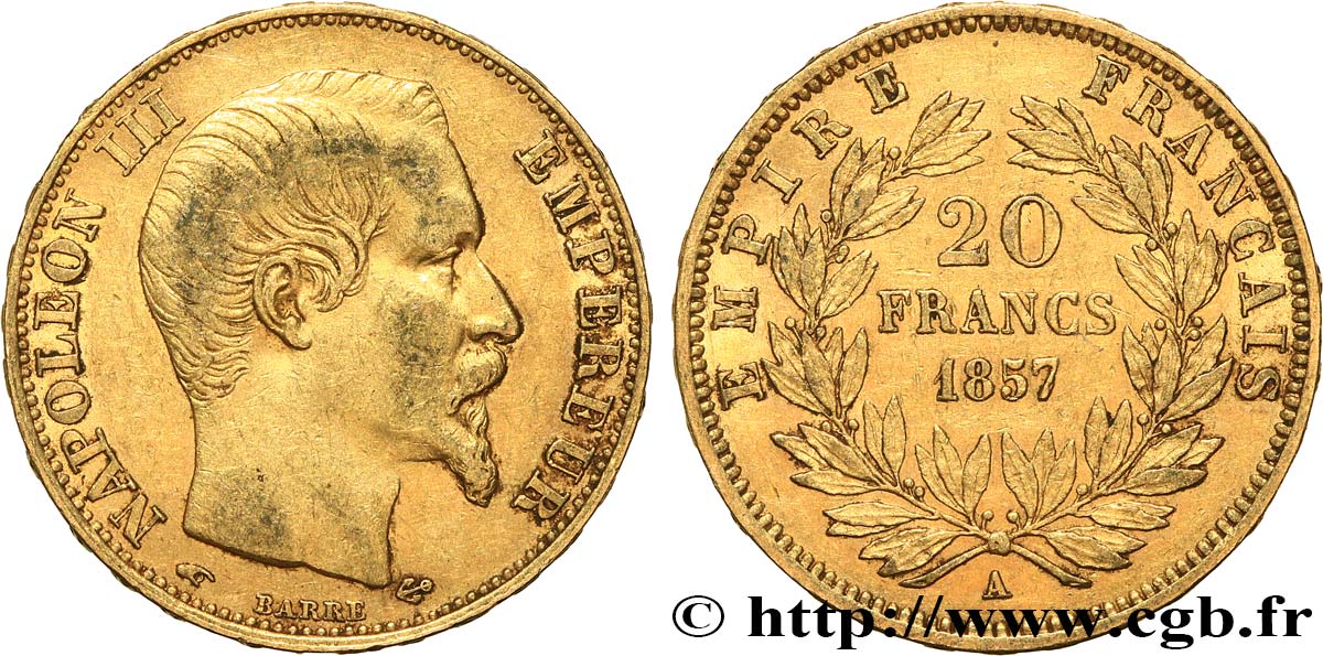 20 francs or Napoléon III, tête nue 1857 Paris F.531/12 SS 