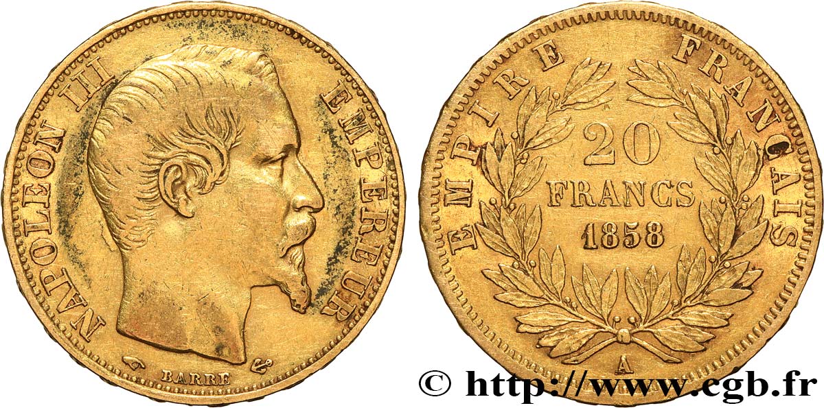 20 francs or Napoléon III, tête nue 1858 Paris F.531/13 q.BB 