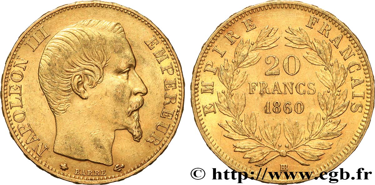 20 francs or Napoléon III, tête nue 1860 Strasbourg F.531/20 TTB 