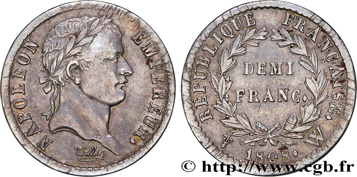 Demi-franc Napoléon Ier tête laurée, République française 1808 Lille F.177/16 TTB40 
