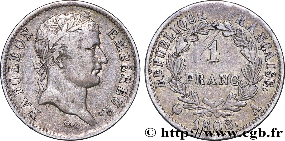 1 franc Napoléon Ier tête laurée, République française 1808 Paris F.204/2 BC35 