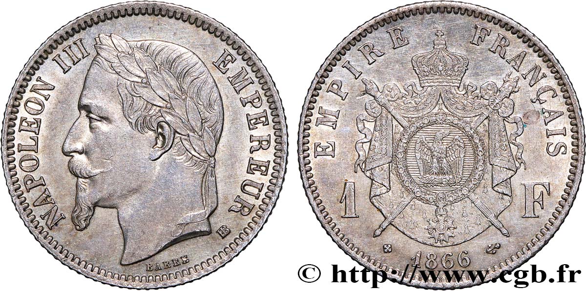 1 franc Napoléon III, tête laurée 1866 Strasbourg F.215/4 EBC62 