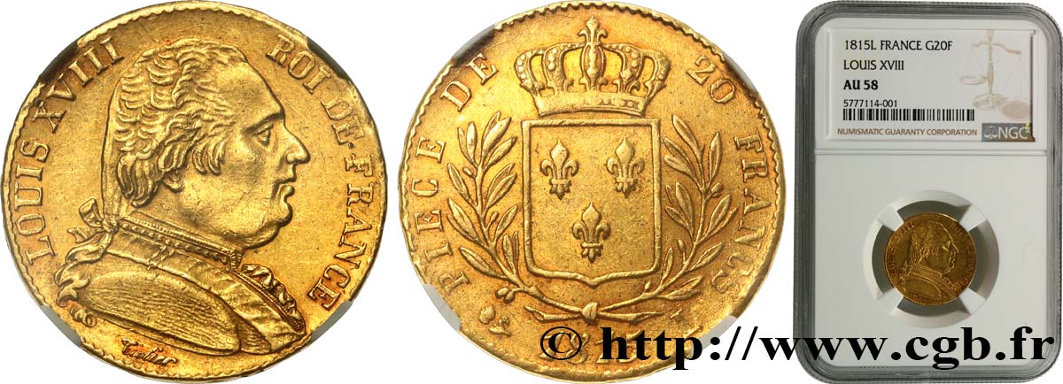 20 francs or Louis XVIII, buste habillé 1815 Bayonne F.517/14 AU58 NGC