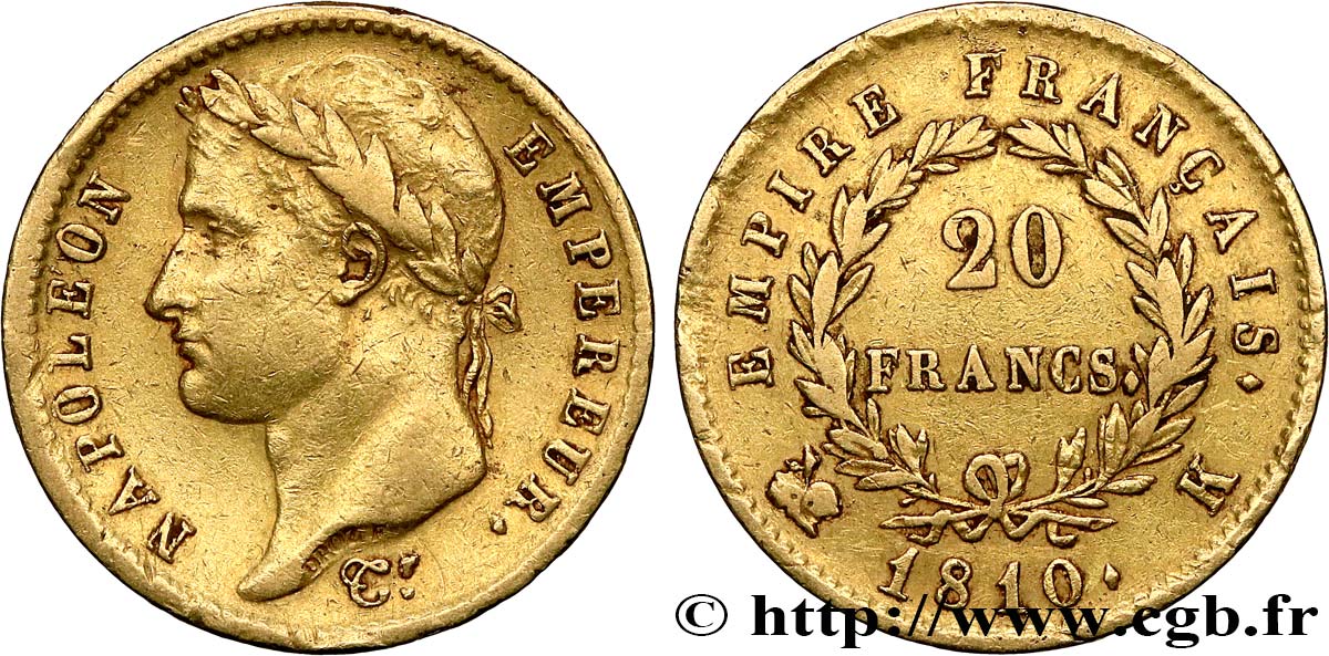 20 francs or Napoléon tête laurée, Empire français 1810 Bordeaux F.516/11 BB 
