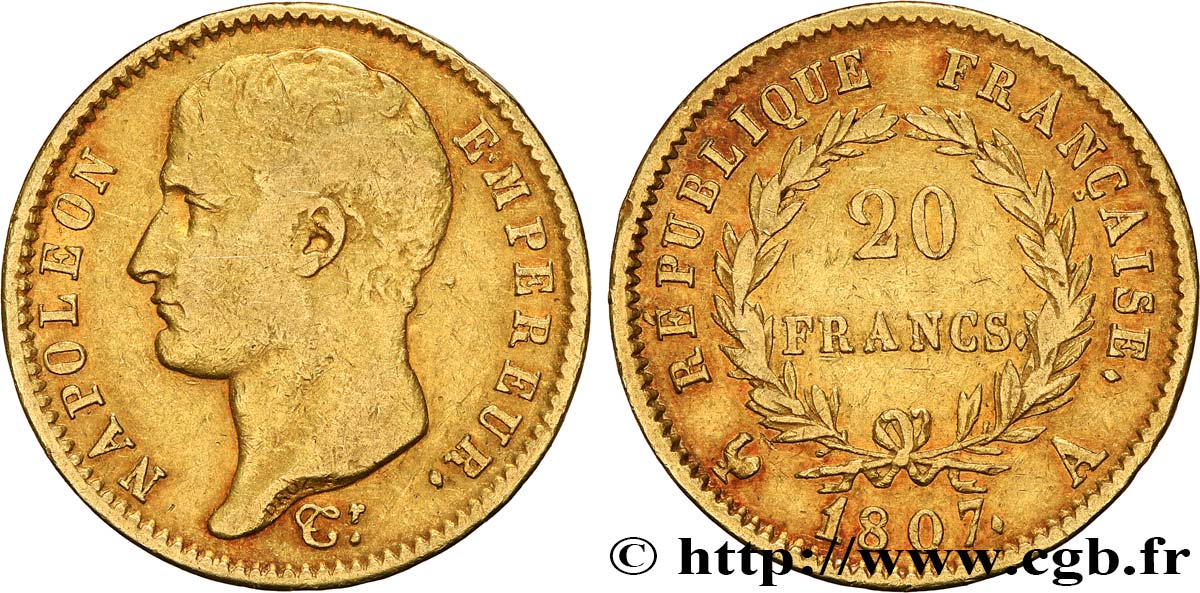 20 francs or Napoléon tête nue, type transitoire 1807 Paris F.514/1 TB35 