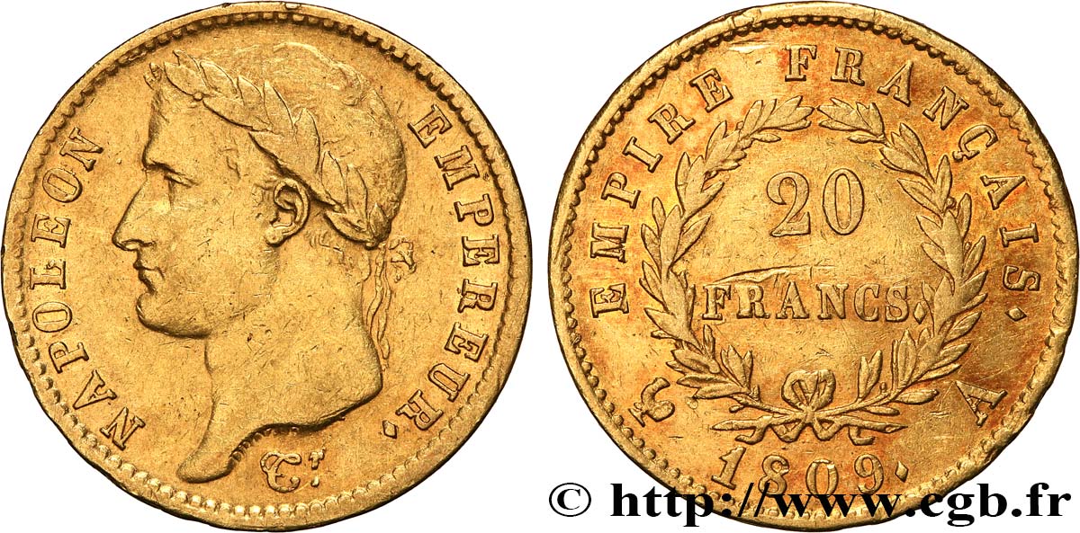 20 francs or Napoléon tête laurée, Empire français 1809 Paris F.516/1 TTB 
