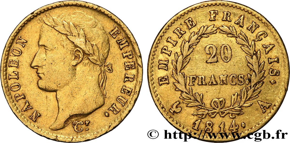 20 francs or Napoléon tête laurée, Empire français 1814 Paris F.516/39 MBC45 