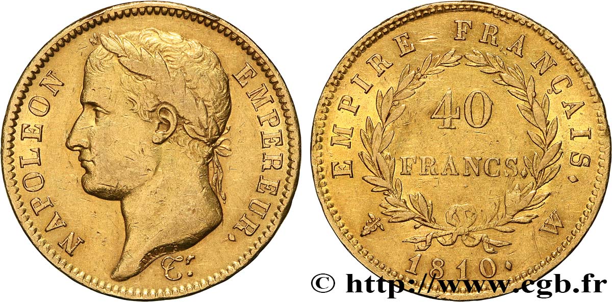 40 francs or Napoléon tête laurée, Empire français 1810 Lille F.541/5 XF 